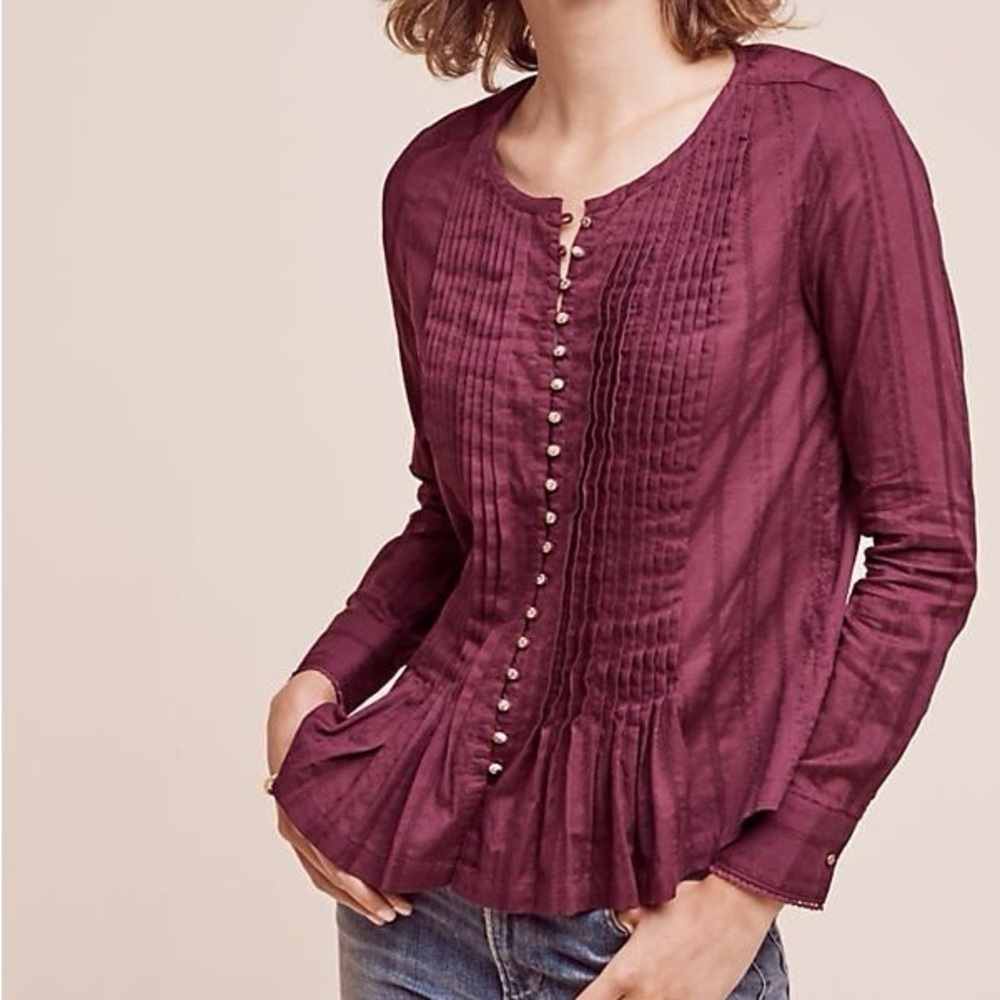 Anthropologie Maeve Gelise Button Blouse Size Small Plum Purple Pintucked Small